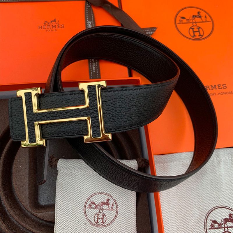 Hermes H Leather Buckle 38MM Reversible Belt Togo Leather In Black Gold