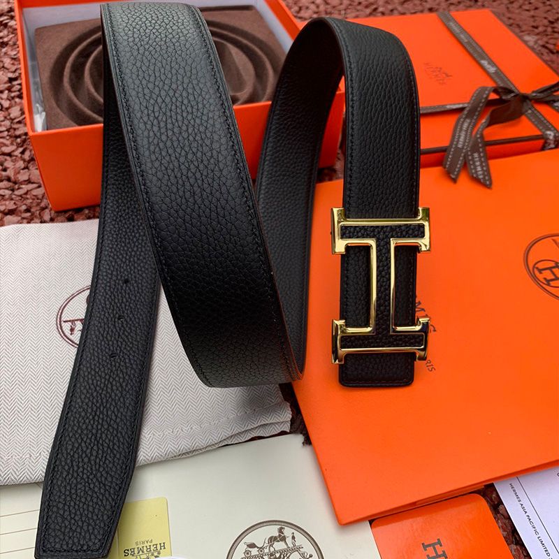 Hermes H Leather Buckle 38MM Reversible Belt Togo Leather In Black Gold