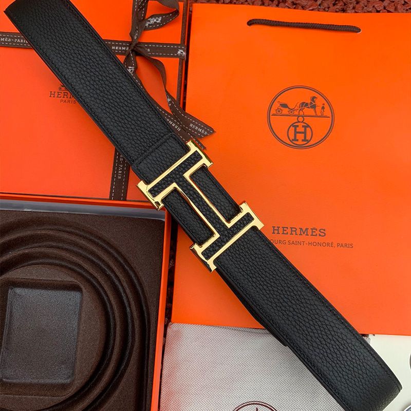 Hermes H Leather Buckle 38MM Reversible Belt Togo Leather In Black Gold