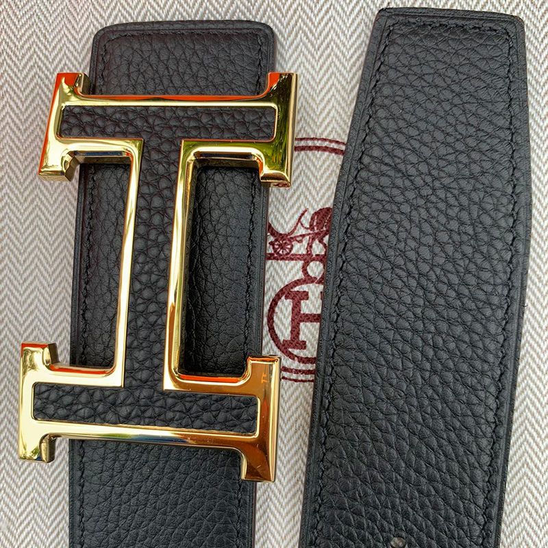 Hermes H Leather Buckle 38MM Reversible Belt Togo Leather In Black Gold