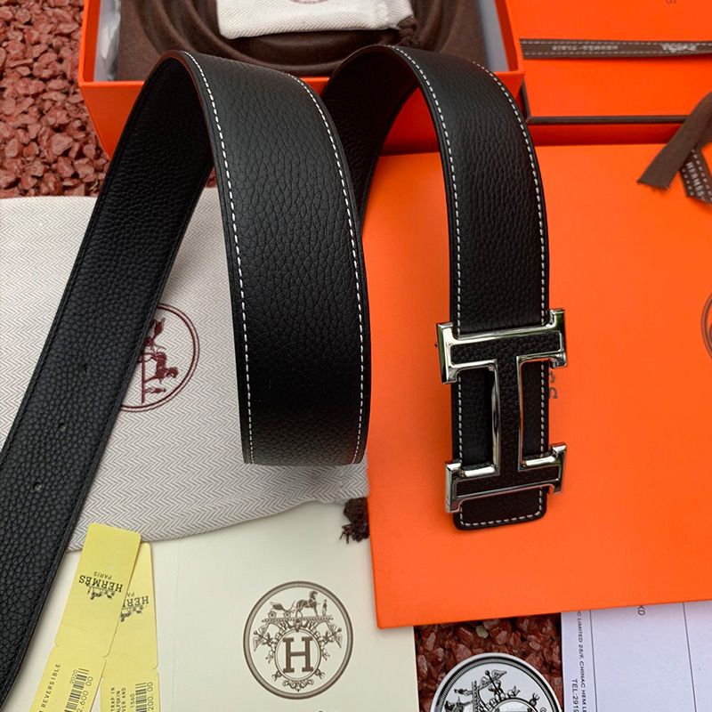 Hermes H Leather Buckle 38MM Reversible Belt Togo Leather In Black Silver