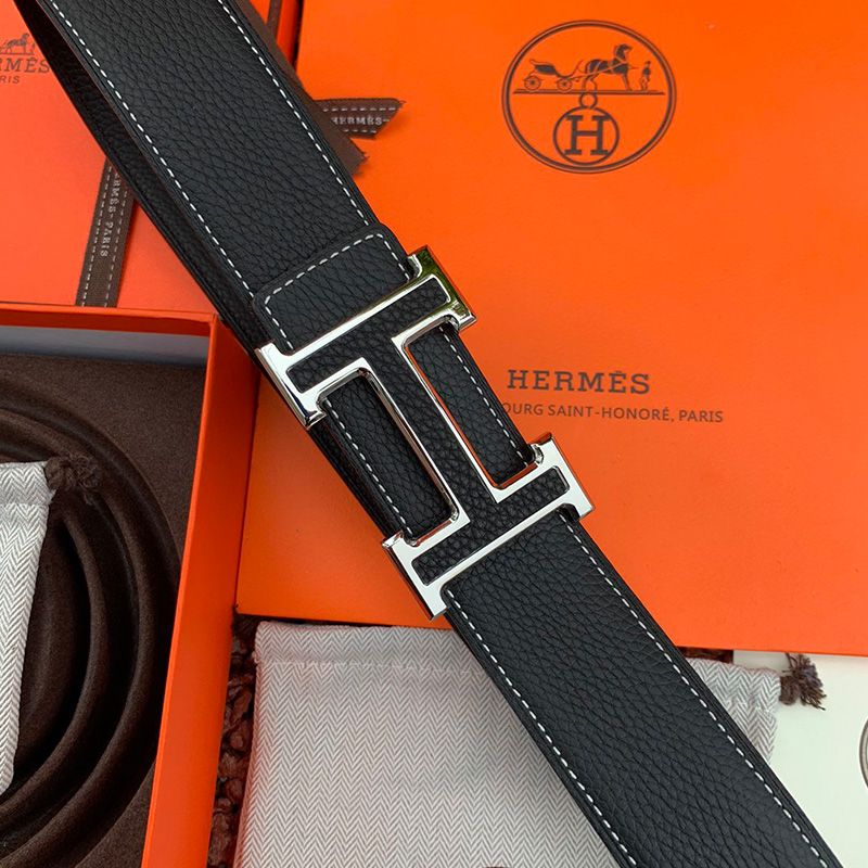 Hermes H Leather Buckle 38MM Reversible Belt Togo Leather In Black Silver