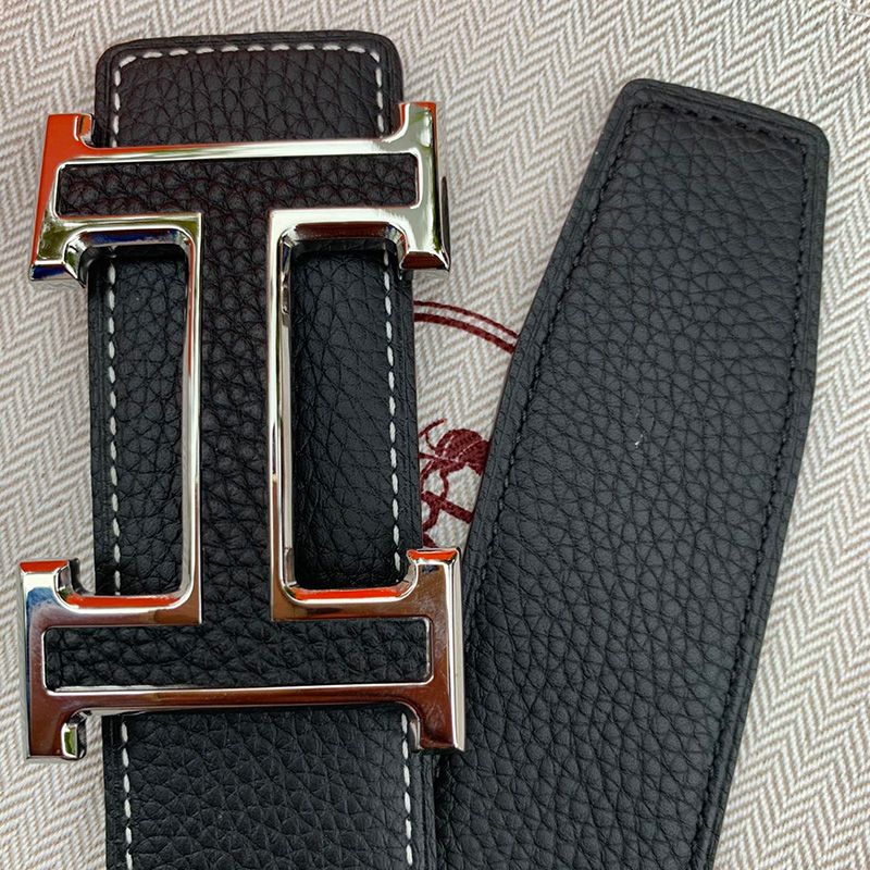 Hermes H Leather Buckle 38MM Reversible Belt Togo Leather In Black Silver