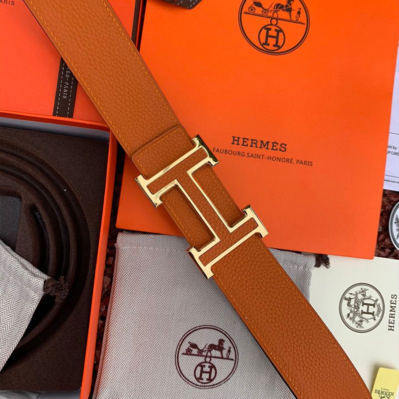 Hermes H Leather Buckle 38MM Reversible Belt Togo Leather In Brown Gold