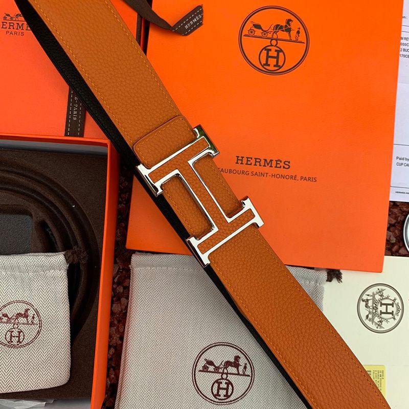 Hermes H Leather Buckle 38MM Reversible Belt Togo Leather In Brown Silver