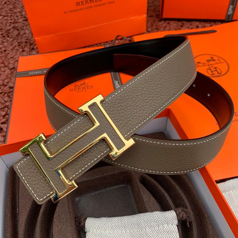 Hermes H Leather Buckle 38MM Reversible Belt Togo Leather In Grey Gold