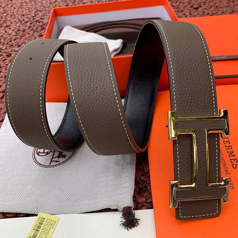 Hermes H Leather Buckle 38MM Reversible Belt Togo Leather In Grey Gold