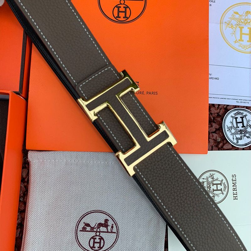 Hermes H Leather Buckle 38MM Reversible Belt Togo Leather In Grey Gold