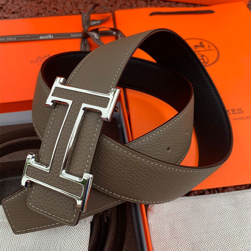 Hermes H Leather Buckle 38MM Reversible Belt Togo Leather In Grey Silver