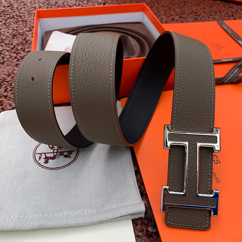 Hermes H Leather Buckle 38MM Reversible Belt Togo Leather In Grey Silver