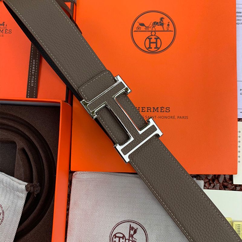 Hermes H Leather Buckle 38MM Reversible Belt Togo Leather In Grey Silver