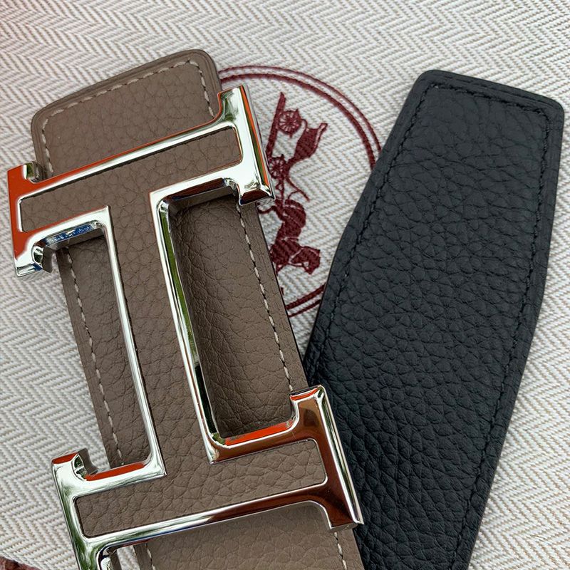 Hermes H Leather Buckle 38MM Reversible Belt Togo Leather In Grey Silver