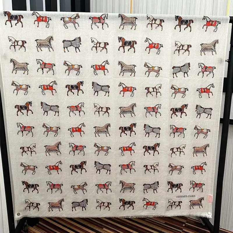 Hermes Horse Print Cashmere Scarf In Beige