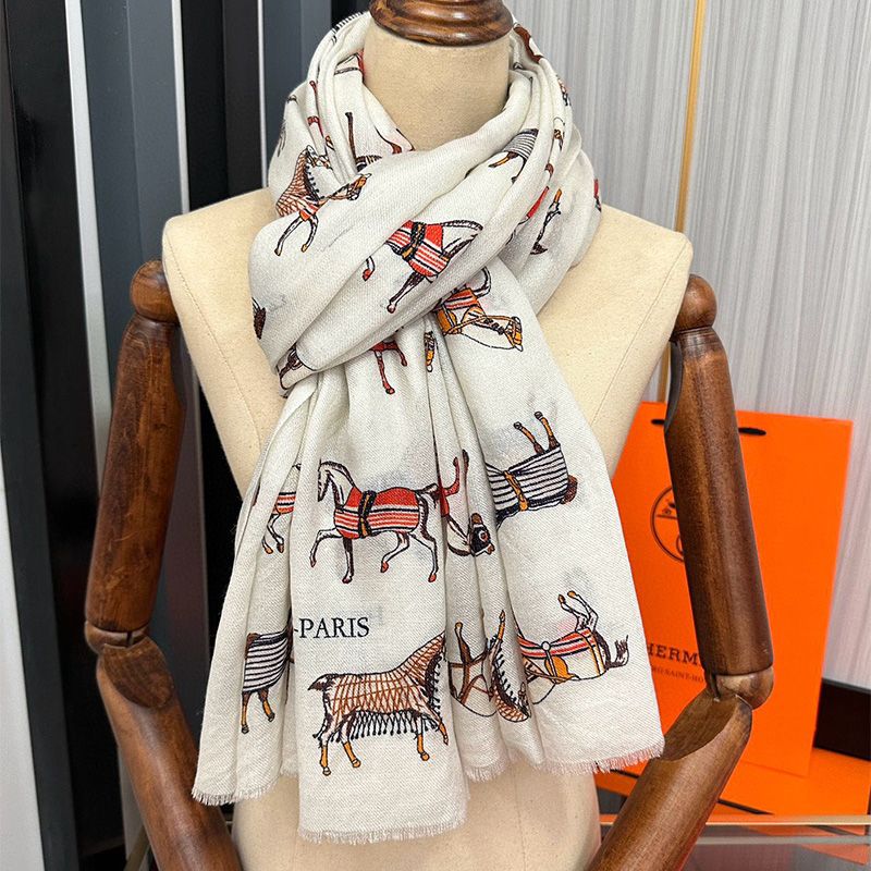 Hermes Horse Print Cashmere Scarf In Beige