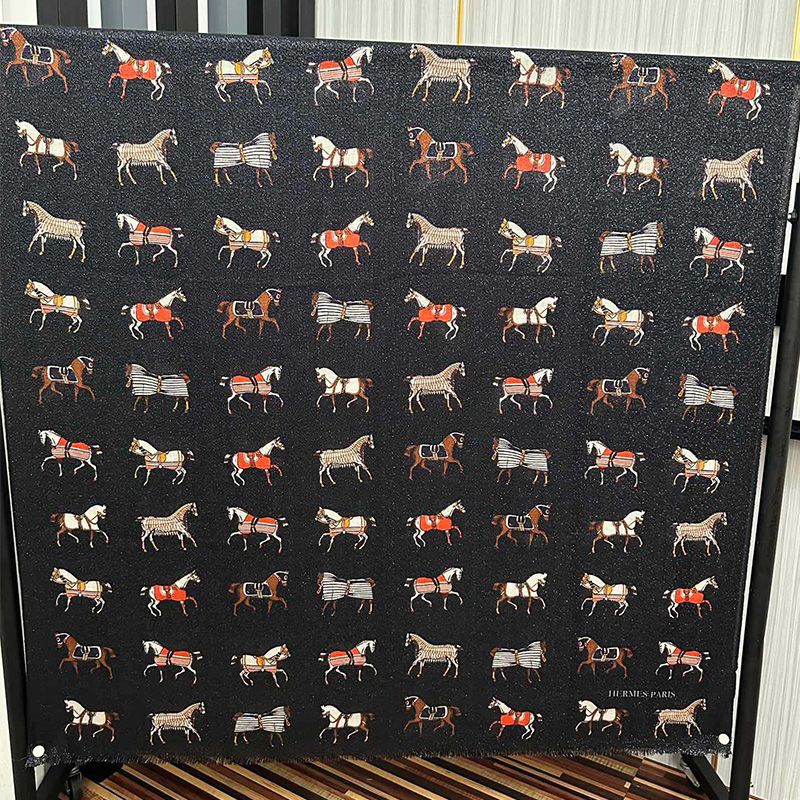 Hermes Horse Print Cashmere Scarf In Black