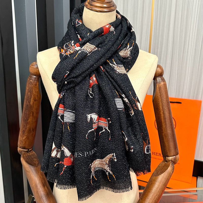 Hermes Horse Print Cashmere Scarf In Black