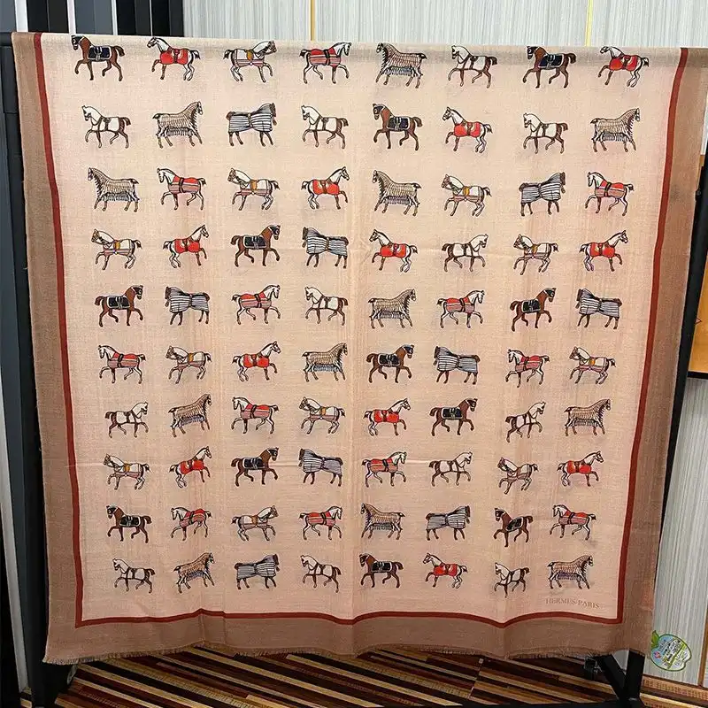 Hermes Horse Print Ring Scarf In Beige