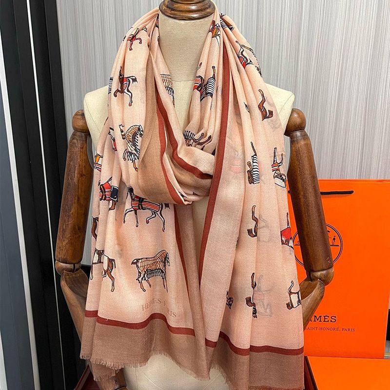 Hermes Horse Print Ring Scarf In Beige