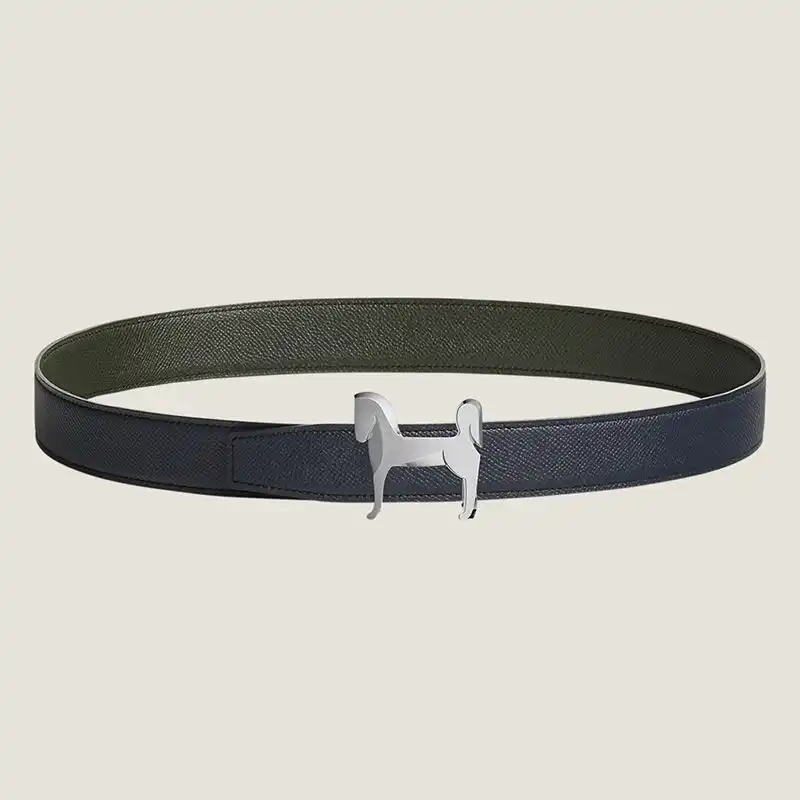 Hermes Horse Punache Buckle 32 Reversible Belt Leather In Black Green