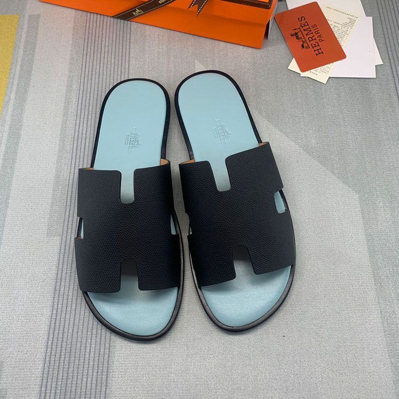 Hermes Izmir Slides Men Calfskin In Black Blue