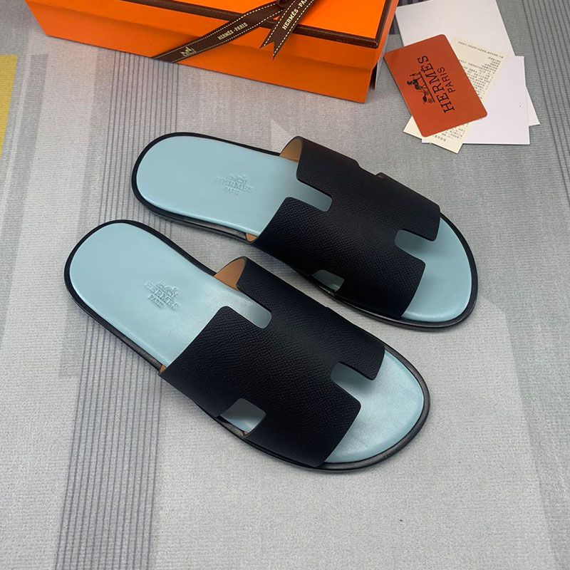 Hermes Izmir Slides Men Calfskin In Black Blue