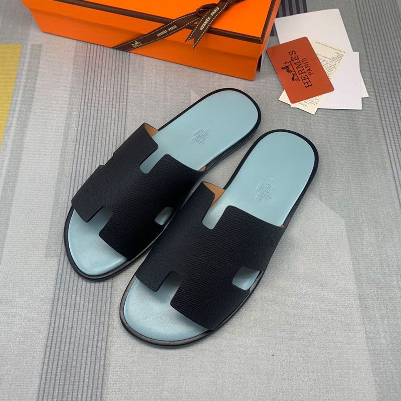 Hermes Izmir Slides Men Calfskin In Black Blue