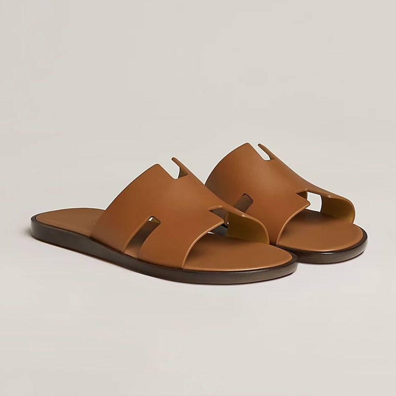 Hermes Izmir Slides Men Calfskin In Brown