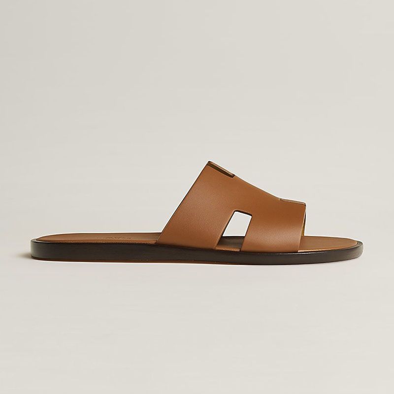 Hermes Izmir Slides Men Calfskin In Brown