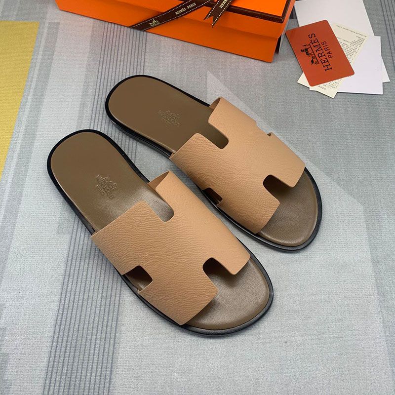 Hermes Izmir Slides Men Calfskin In Khaki Coffee