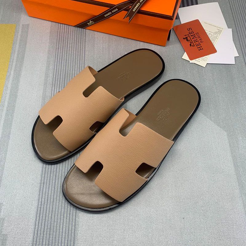 Hermes Izmir Slides Men Calfskin In Khaki Coffee