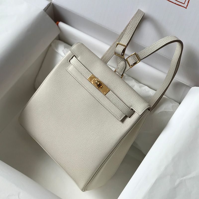 Hermes Kelly Ado Backpack Togo Leather Gold Hardware In White