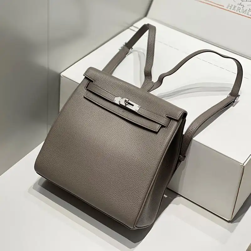 Hermes Kelly Ado Backpack Togo Leather Palladium Hardware In Etain Grey