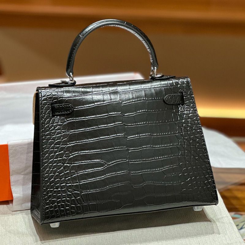 Hermes Kelly Bag Alligator Leather Palladium Hardware In Black