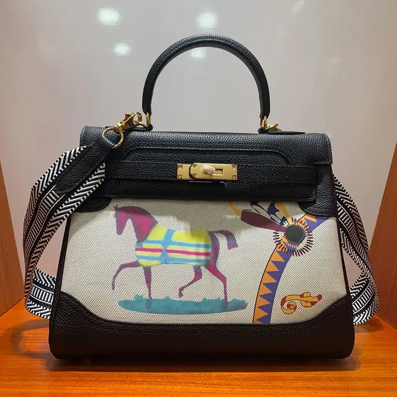 Hermes Kelly Bag with Amazone Barenia Horse Print Togo Leather Gold Hardware In Black