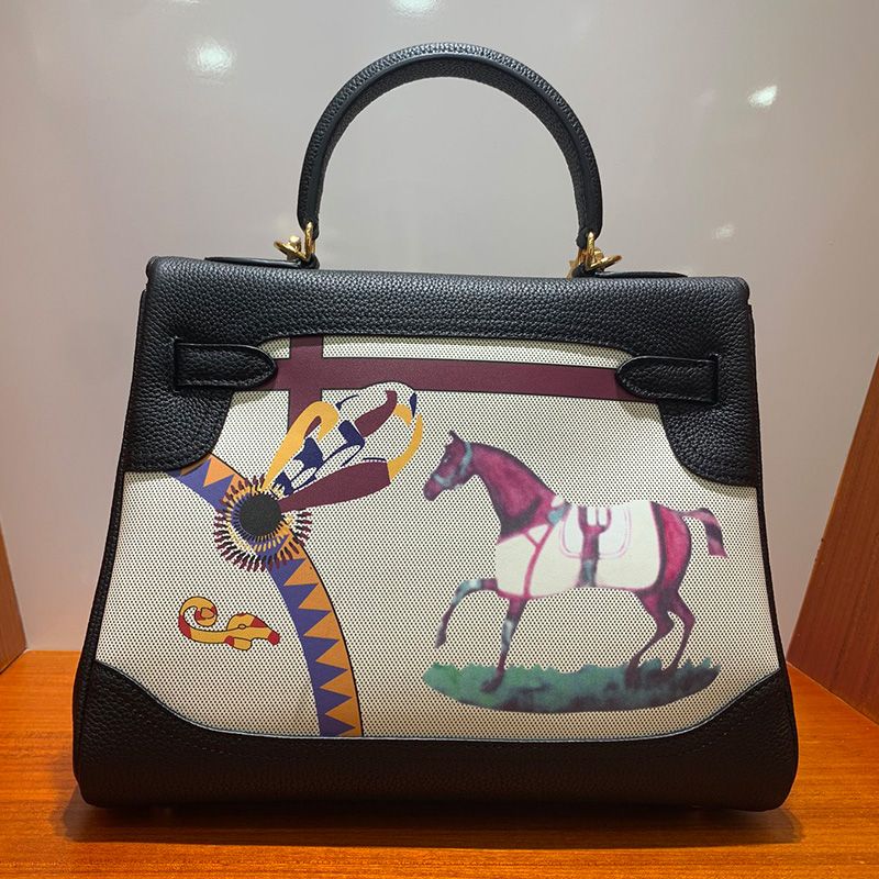 Hermes Kelly Bag with Amazone Barenia Horse Print Togo Leather Gold Hardware In Black