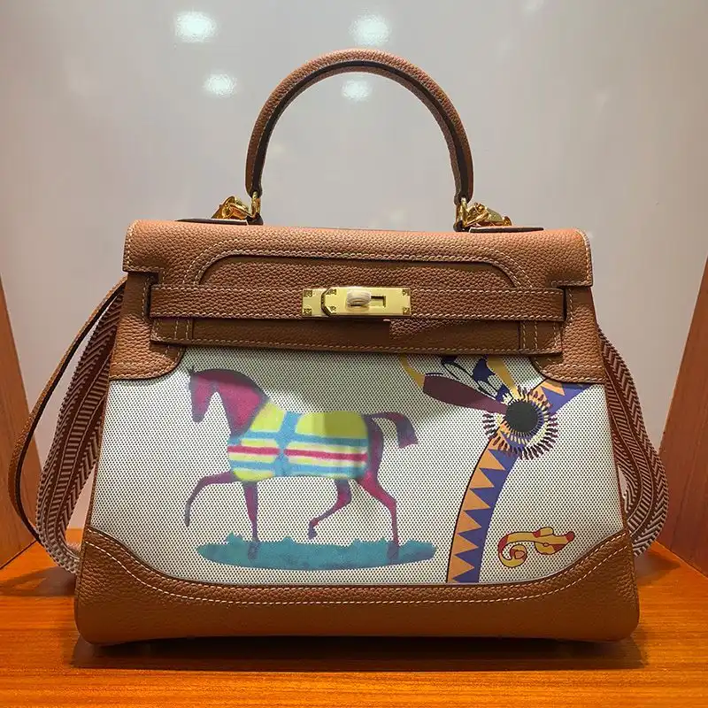 Hermes Kelly Bag with Amazone Barenia Horse Print Togo Leather Gold Hardware In Brown