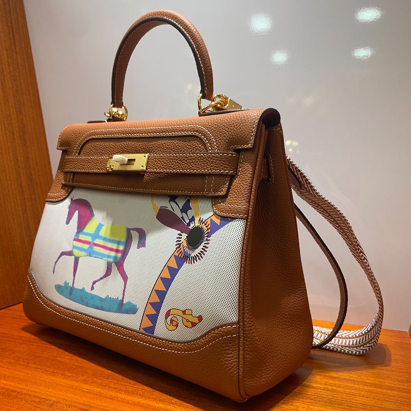 Hermes Kelly Bag with Amazone Barenia Horse Print Togo Leather Gold Hardware In Brown