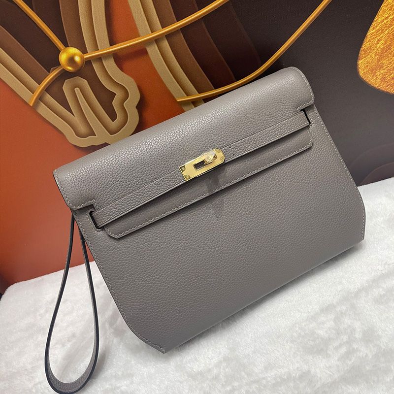 Hermes Kelly Depeches 25 Pouch Togo Leather In Etain Grey