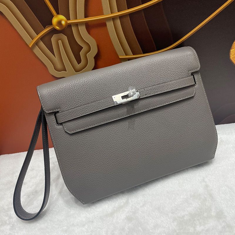 Hermes Kelly Depeches 25 Pouch Togo Leather In Etain Grey