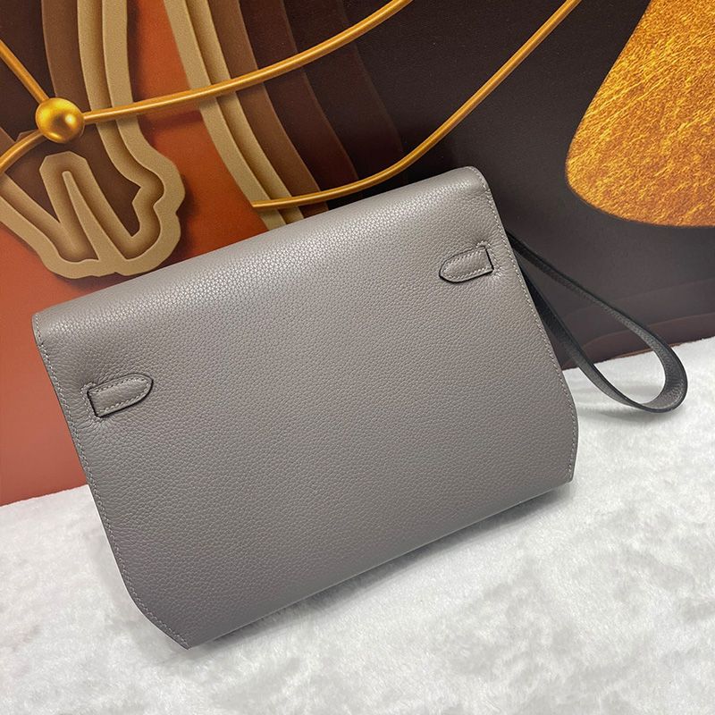 Hermes Kelly Depeches 25 Pouch Togo Leather In Etain Grey