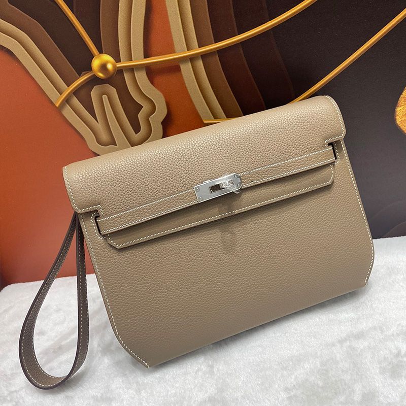 Hermes Kelly Depeches 25 Pouch Togo Leather In Khaki