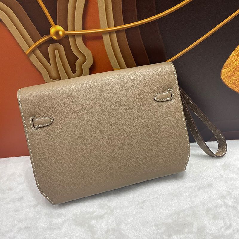 Hermes Kelly Depeches 25 Pouch Togo Leather In Khaki