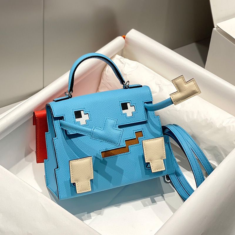 Hermes Kelly Doll Picto Bag Epsom Leather Palladium Hardware In Candy Blue