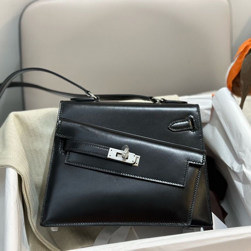 Hermes Kelly En Desordre Bag Box Leather Palladium Hardware In Black