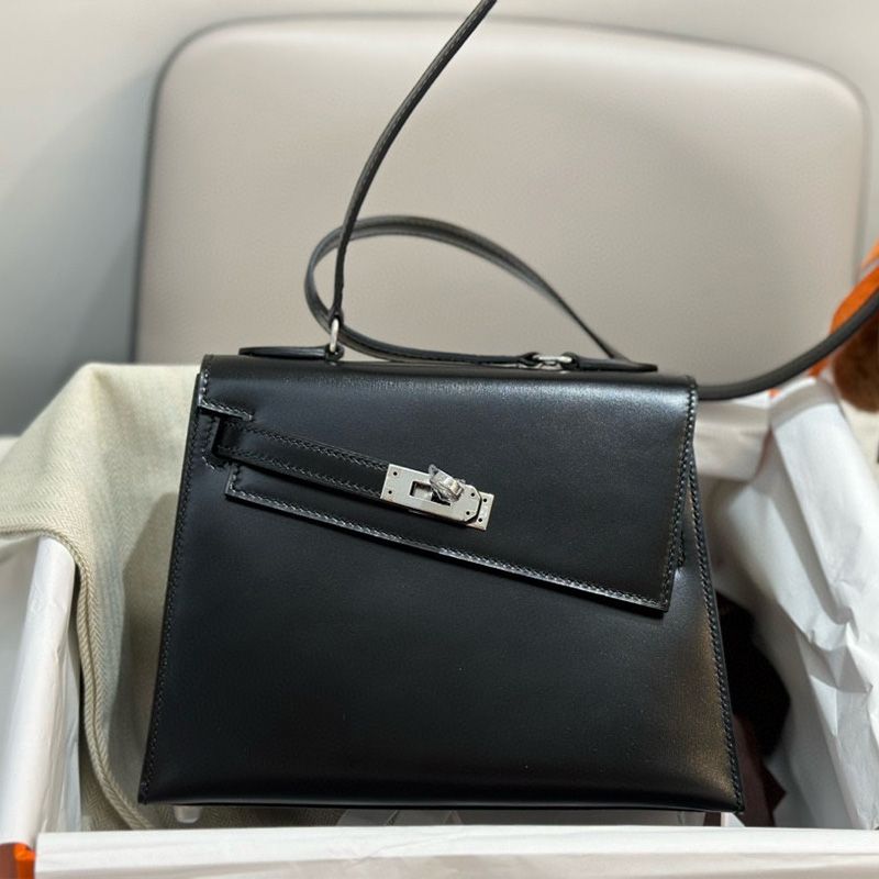 Hermes Kelly En Desordre Bag Box Leather Palladium Hardware In Black