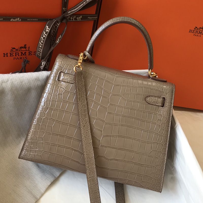 Hermes Kelly Bag Alligator Leather Gold Hardware In Grey