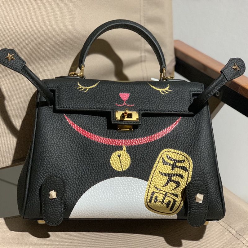 Hermes Kelly Bag with Lucky Cat Print Togo Leather Gold Hardware In Black