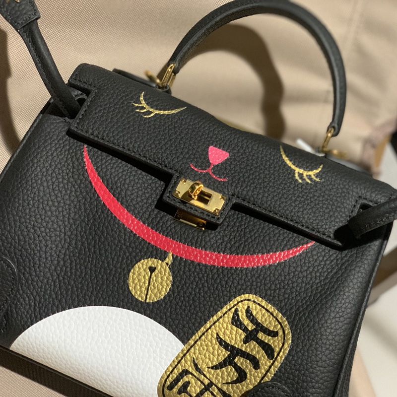 Hermes Kelly Bag with Lucky Cat Print Togo Leather Gold Hardware In Black