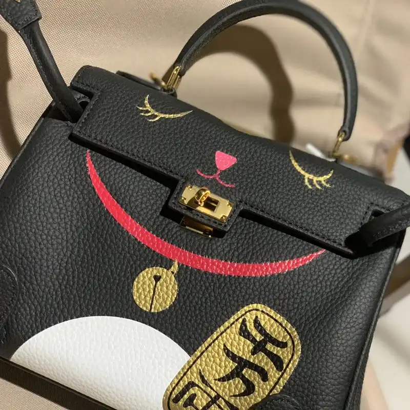 Affordable Hermes Kelly Bag with Lucky Cat Print Togo Leather Gold Hardware In Black