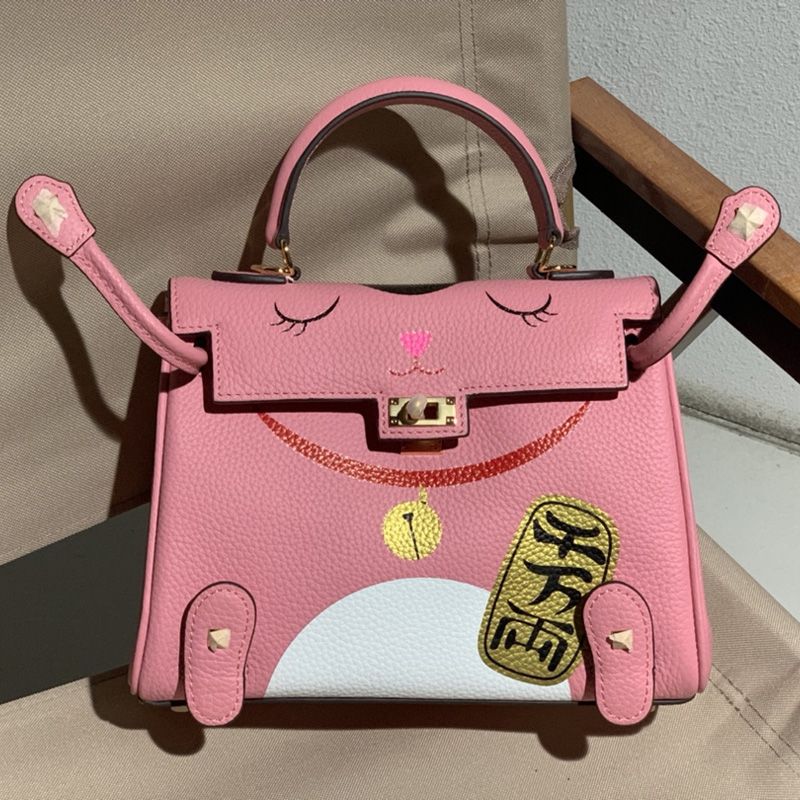 Hermes Kelly Bag with Lucky Cat Print Togo Leather Gold Hardware In Pink